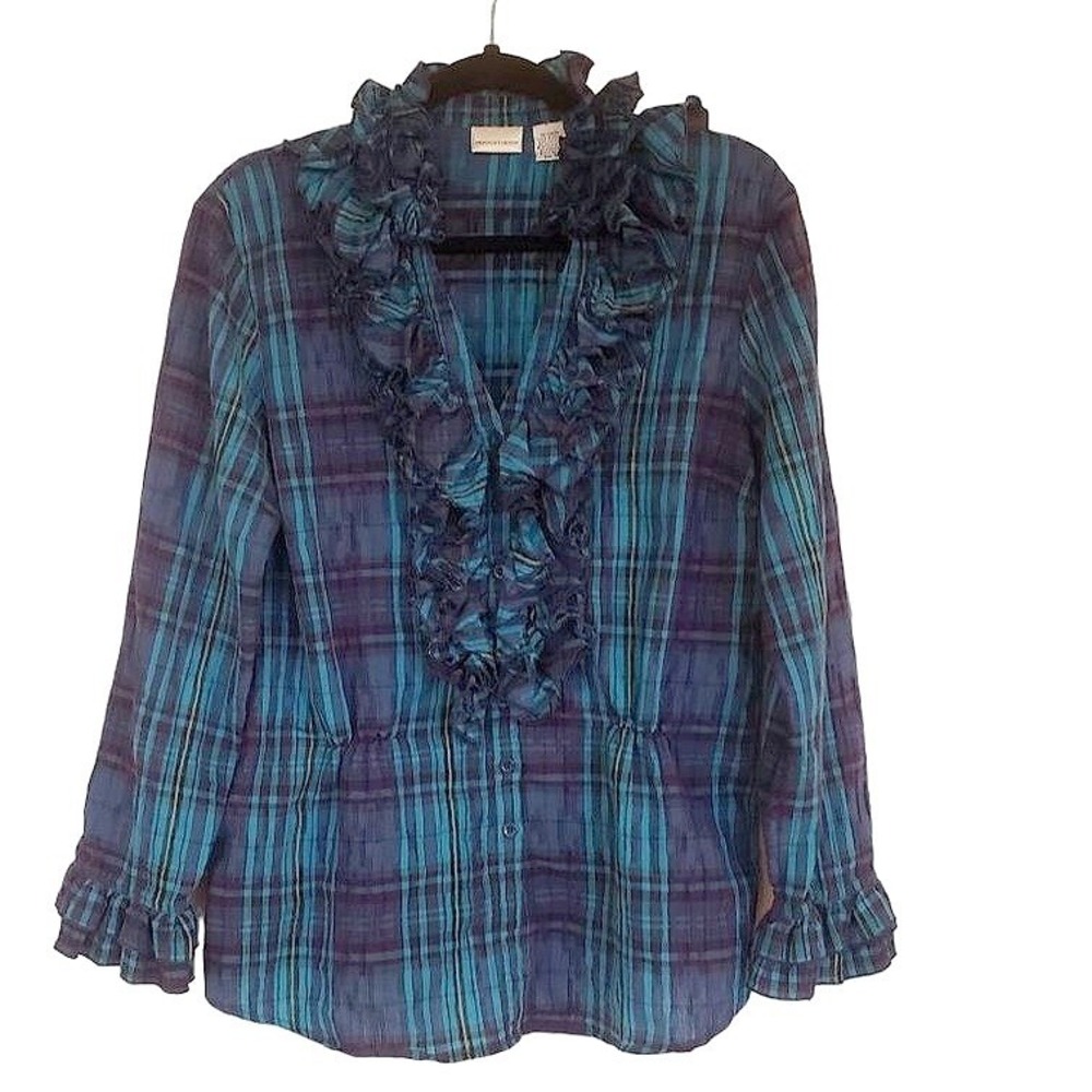 vintage Newport News ruffle blouse size 16 purple‎ teal plaid preppy
